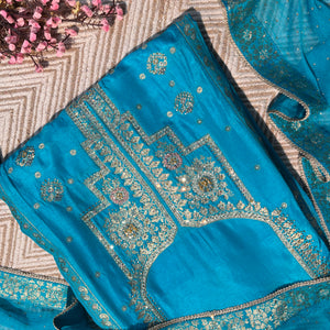 Blue Silk Unstitched Suit with Hand Work Embroidery 3