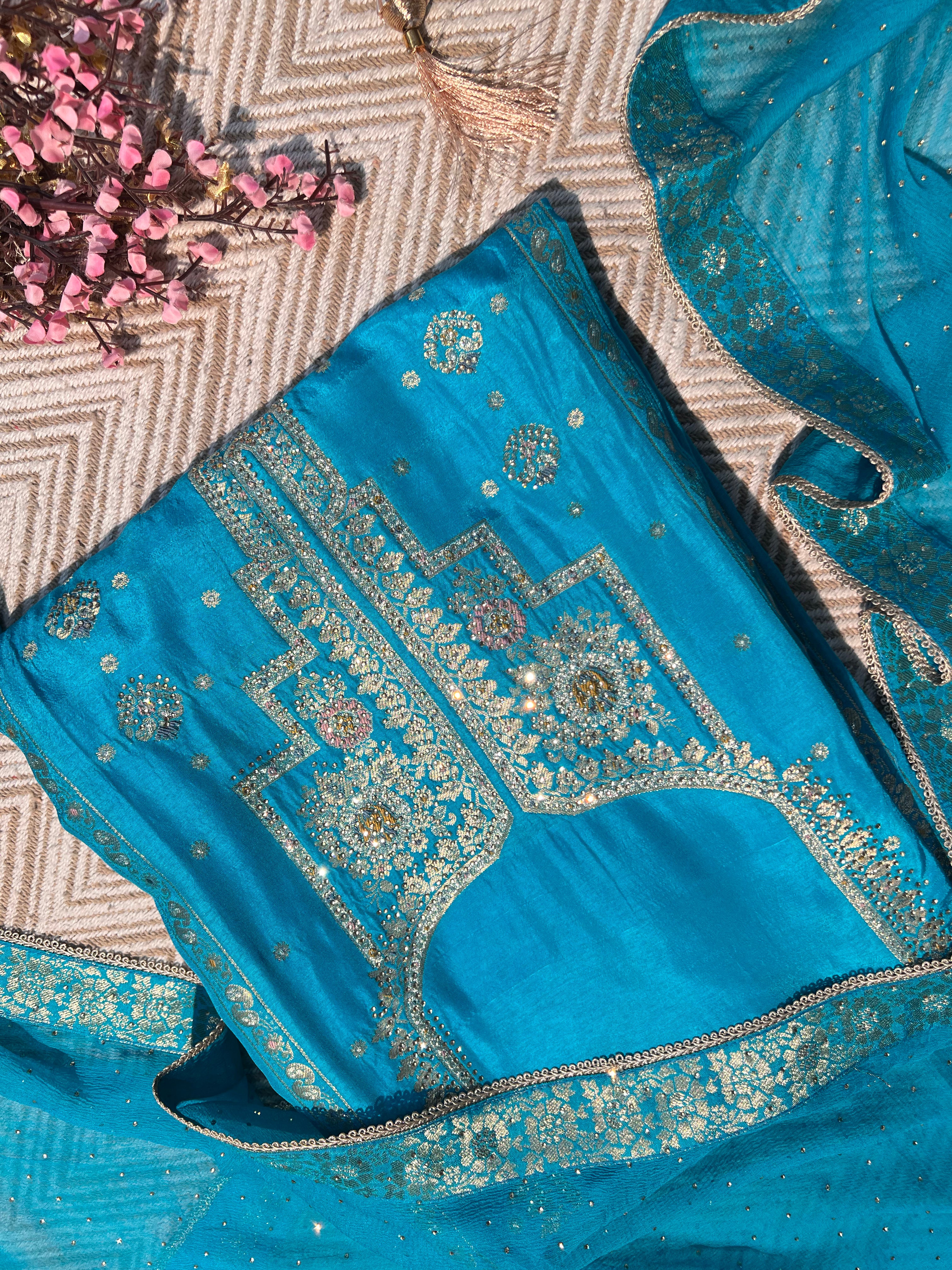Blue Silk Unstitched Suit with Hand Work Embroidery 3