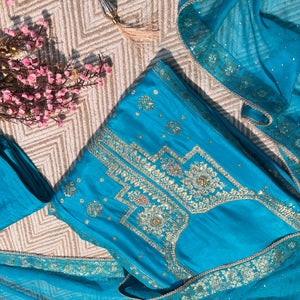 Blue Silk Unstitched Suit with Hand Work Embroidery 4