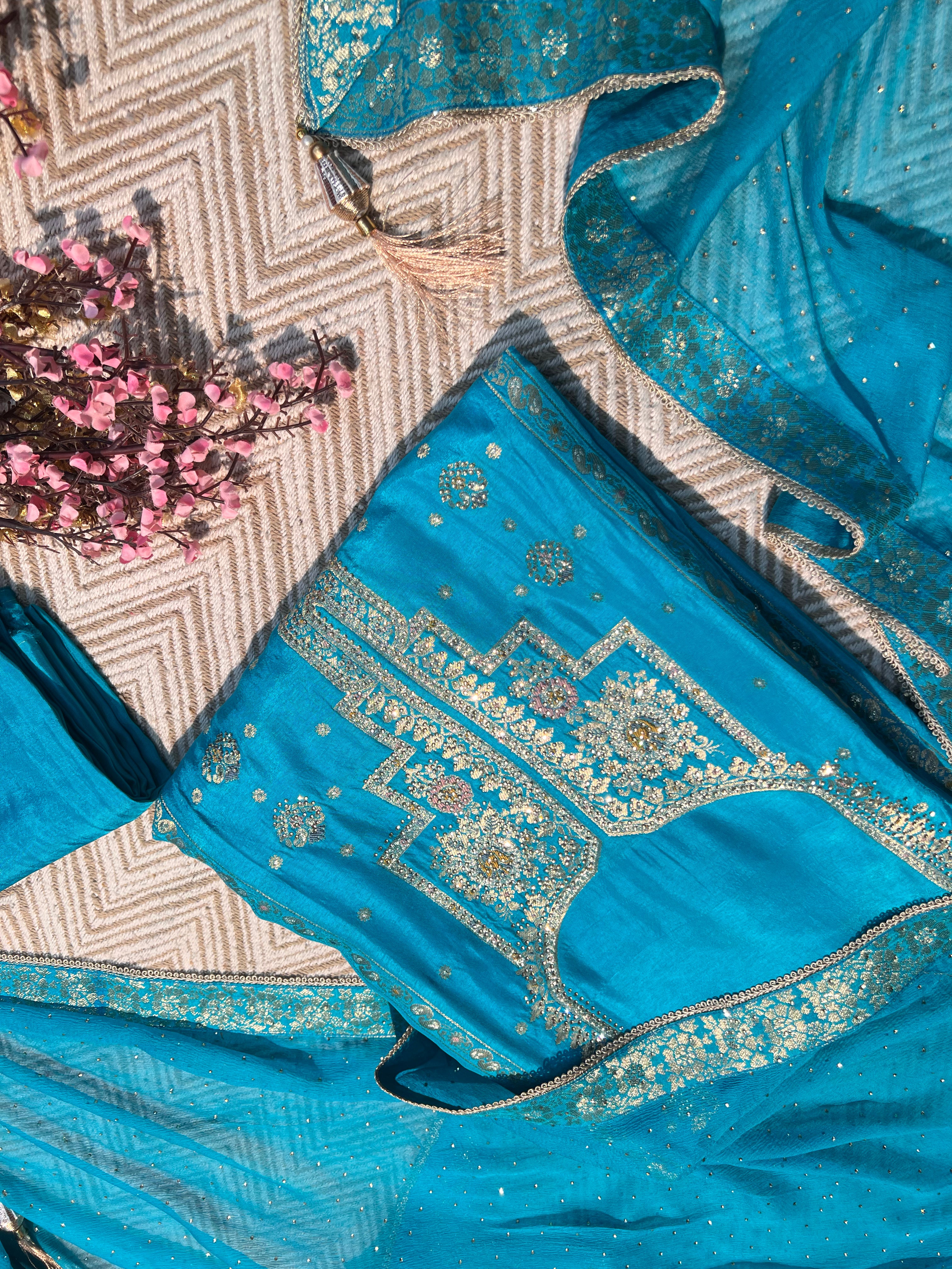 Blue Silk Unstitched Suit with Hand Work Embroidery 4