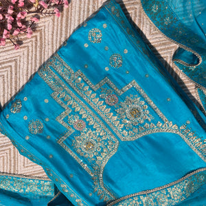 Blue Silk Unstitched Suit with Hand Work Embroidery 5