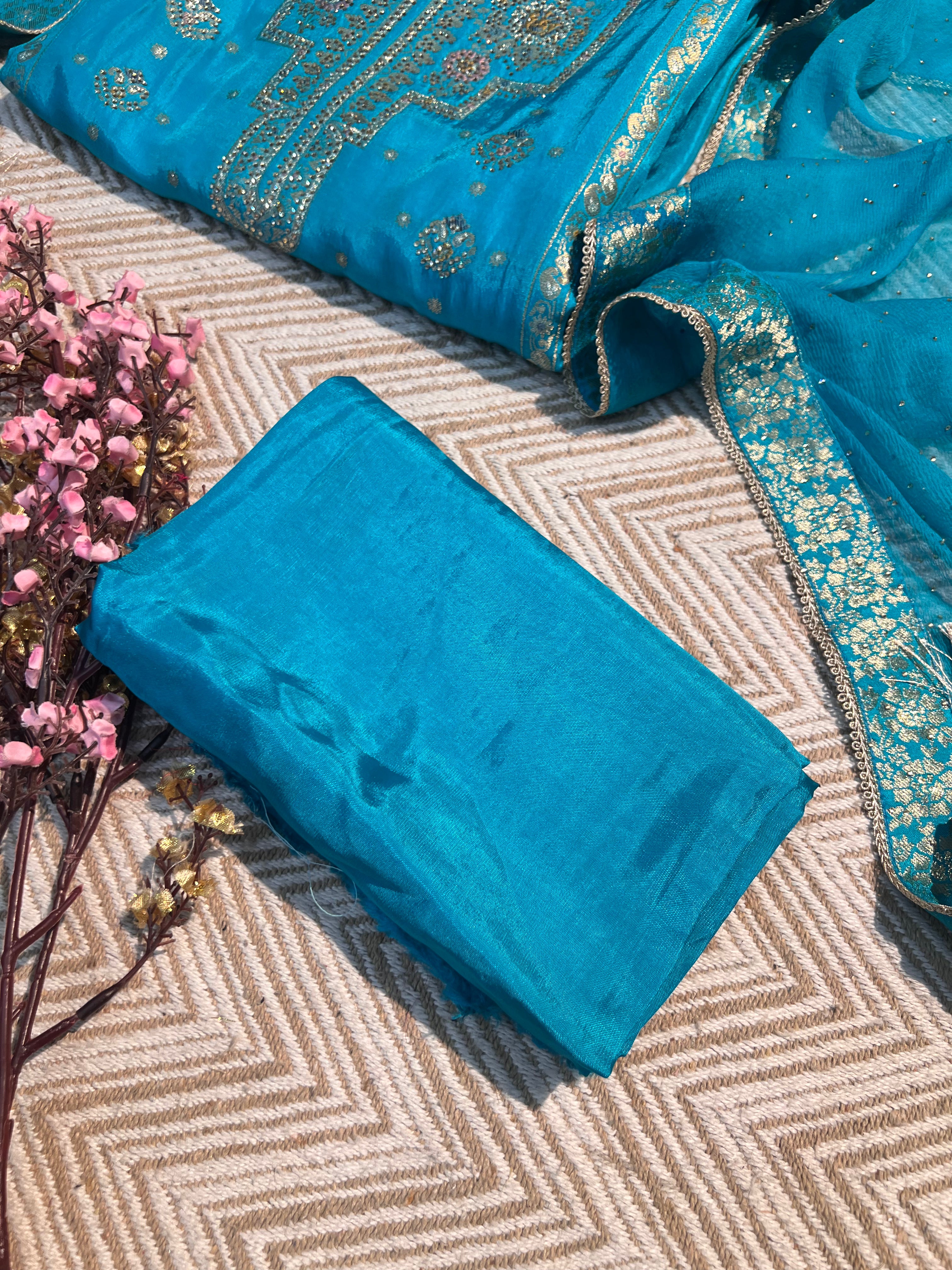 Blue Silk Unstitched Suit with Hand Work Embroidery 7