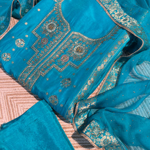 Blue Silk Unstitched Suit with Hand Work Embroidery 8