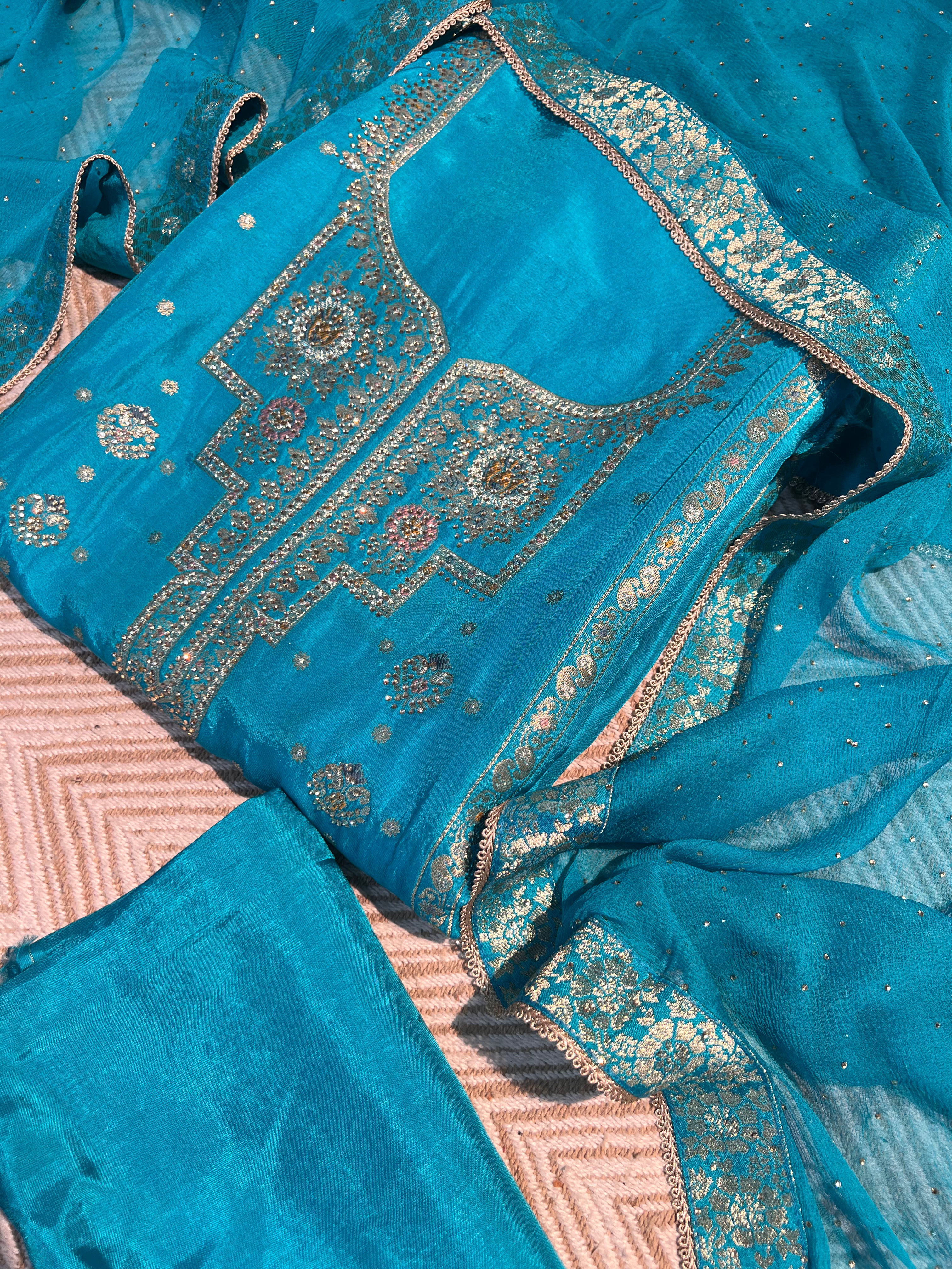 Blue Silk Unstitched Suit with Hand Work Embroidery 8