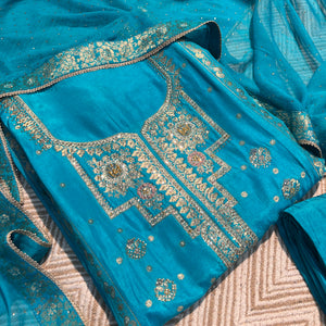 Blue Silk Unstitched Suit with Hand Work Embroidery 9