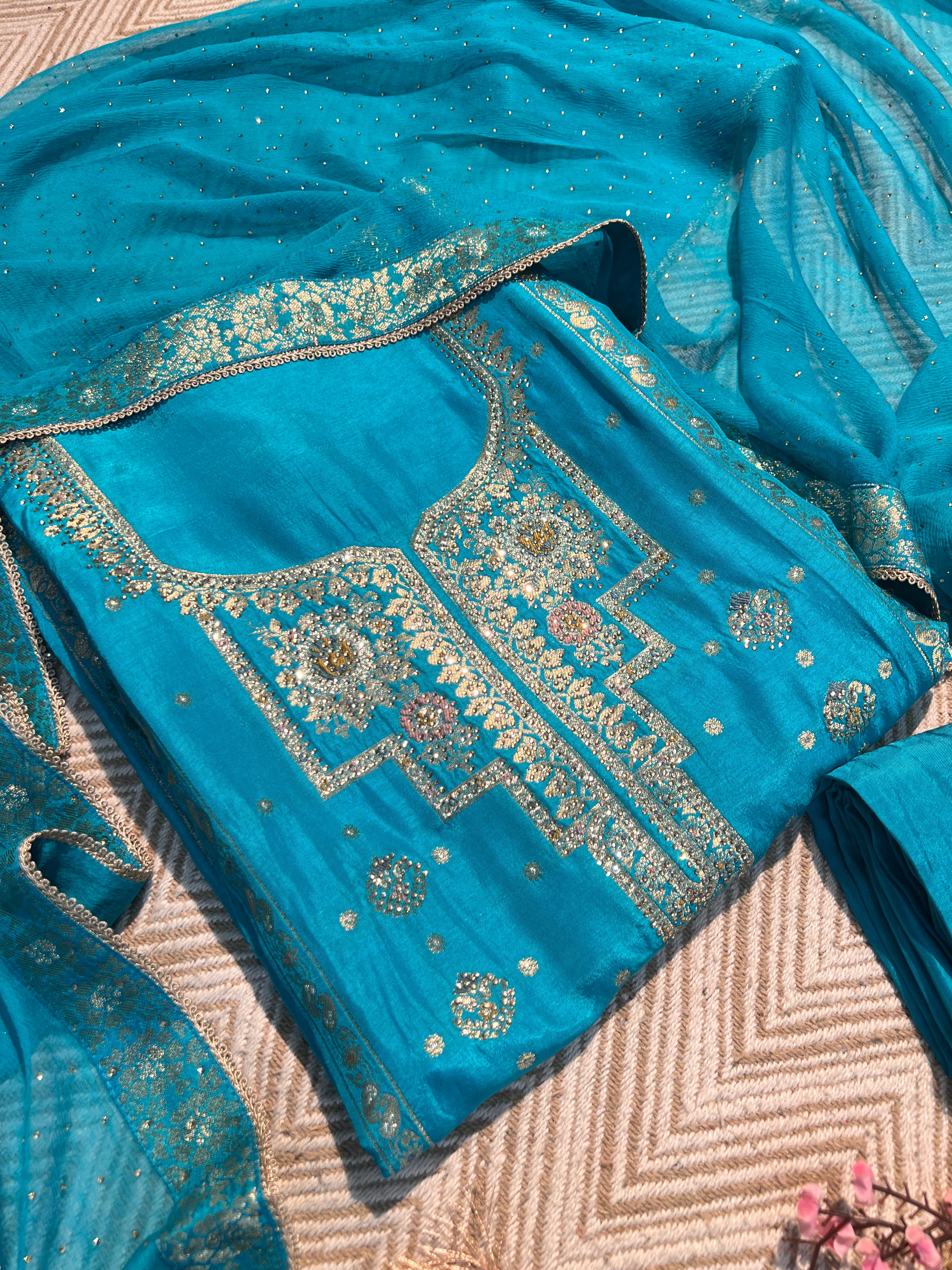 Blue Silk Unstitched Suit with Hand Work Embroidery 9