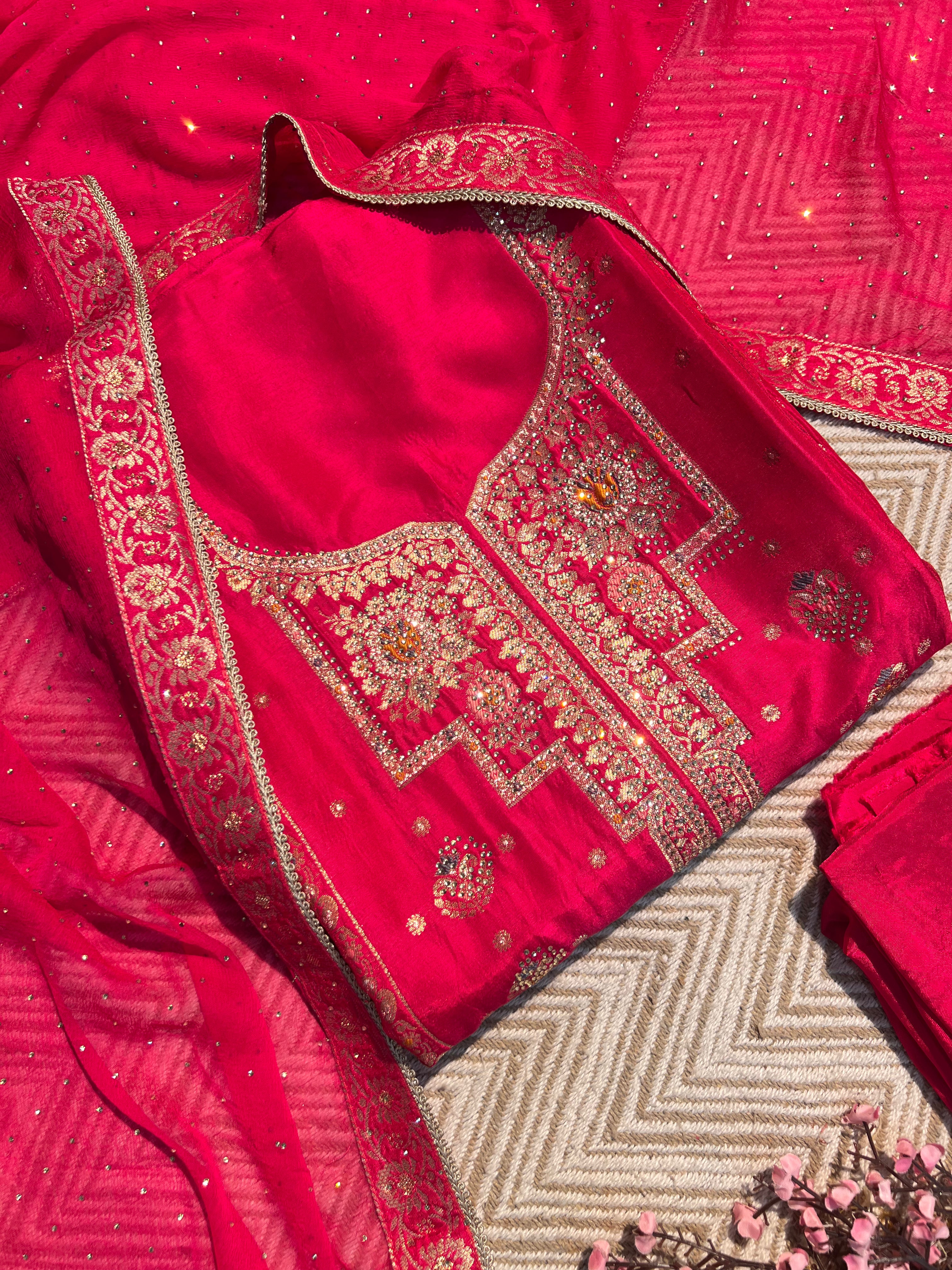 Rani Silk Unstitched Suit with Hand Work Embroidery 4