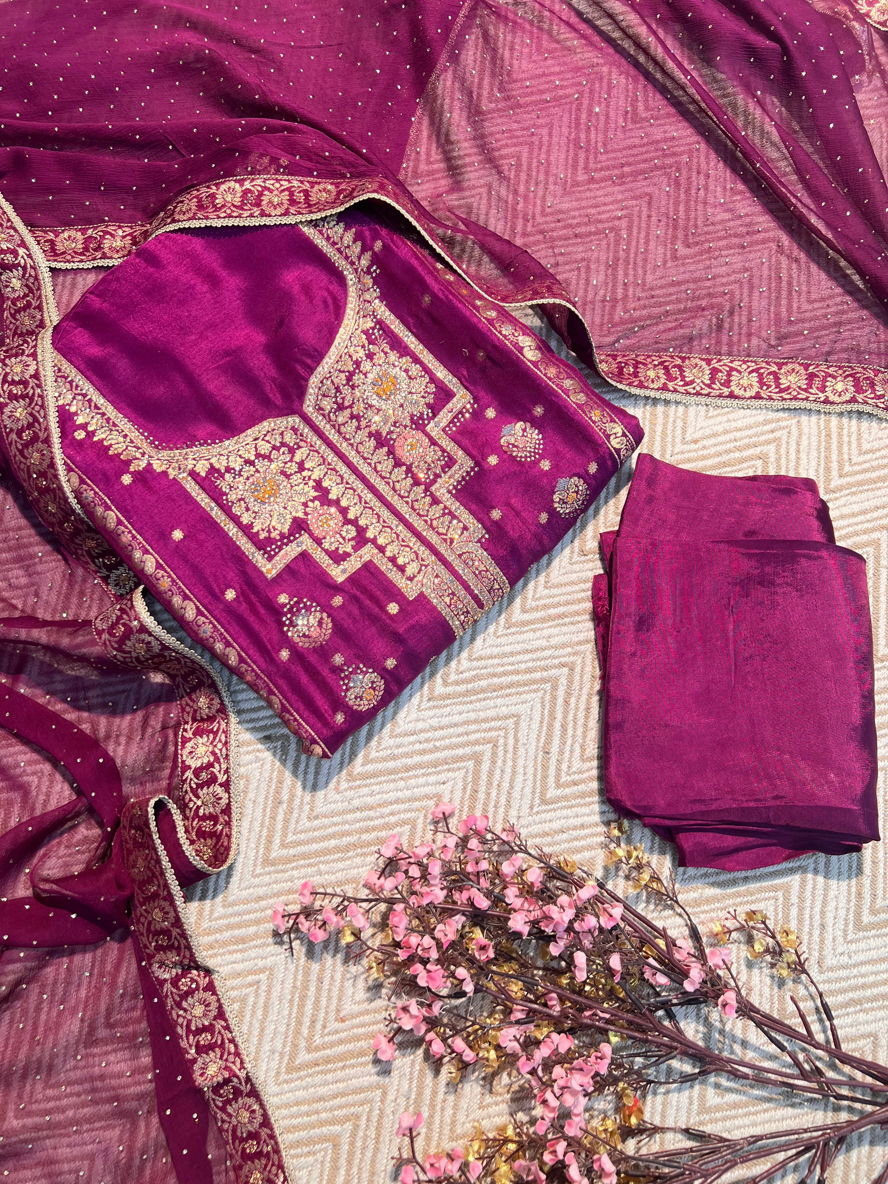 Wine Silk Unstitched Suit with Hand Work Embroidery 1
