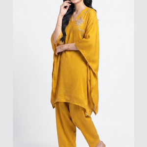 Yellow Crepe Indo Western with Cutdana, Sequins and Pearl Embroidery 1