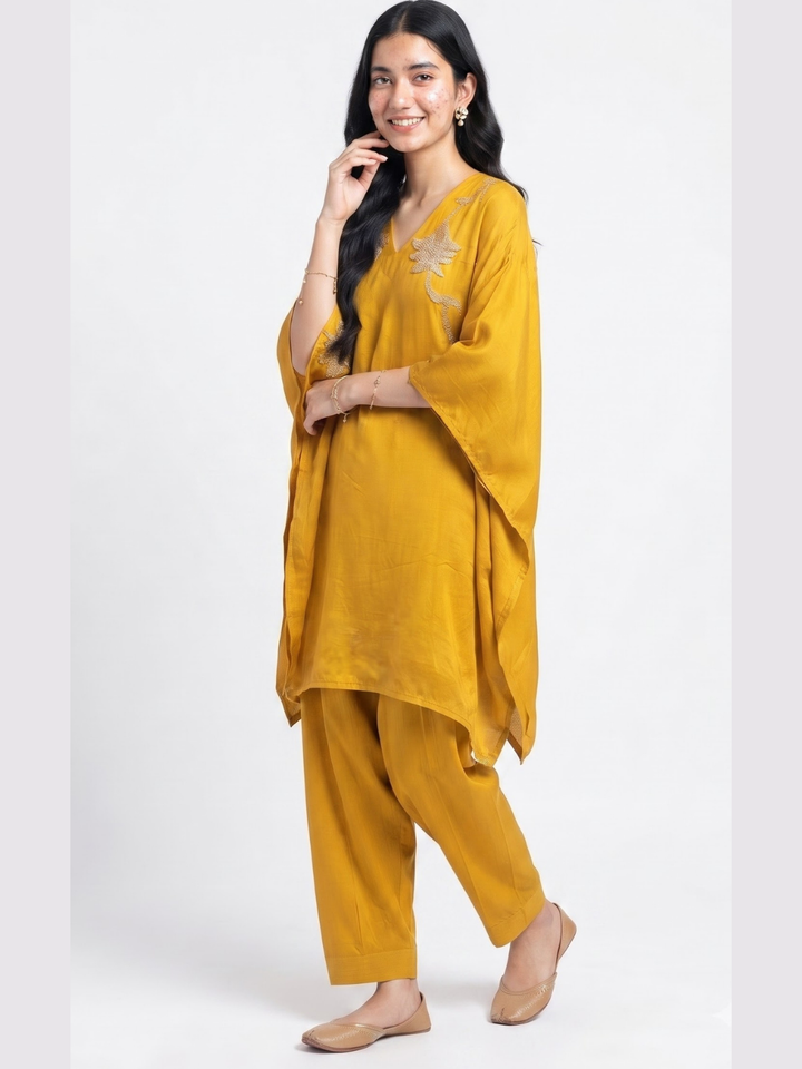 Yellow Crepe Indo Western with Cutdana, Sequins and Pearl Embroidery 1