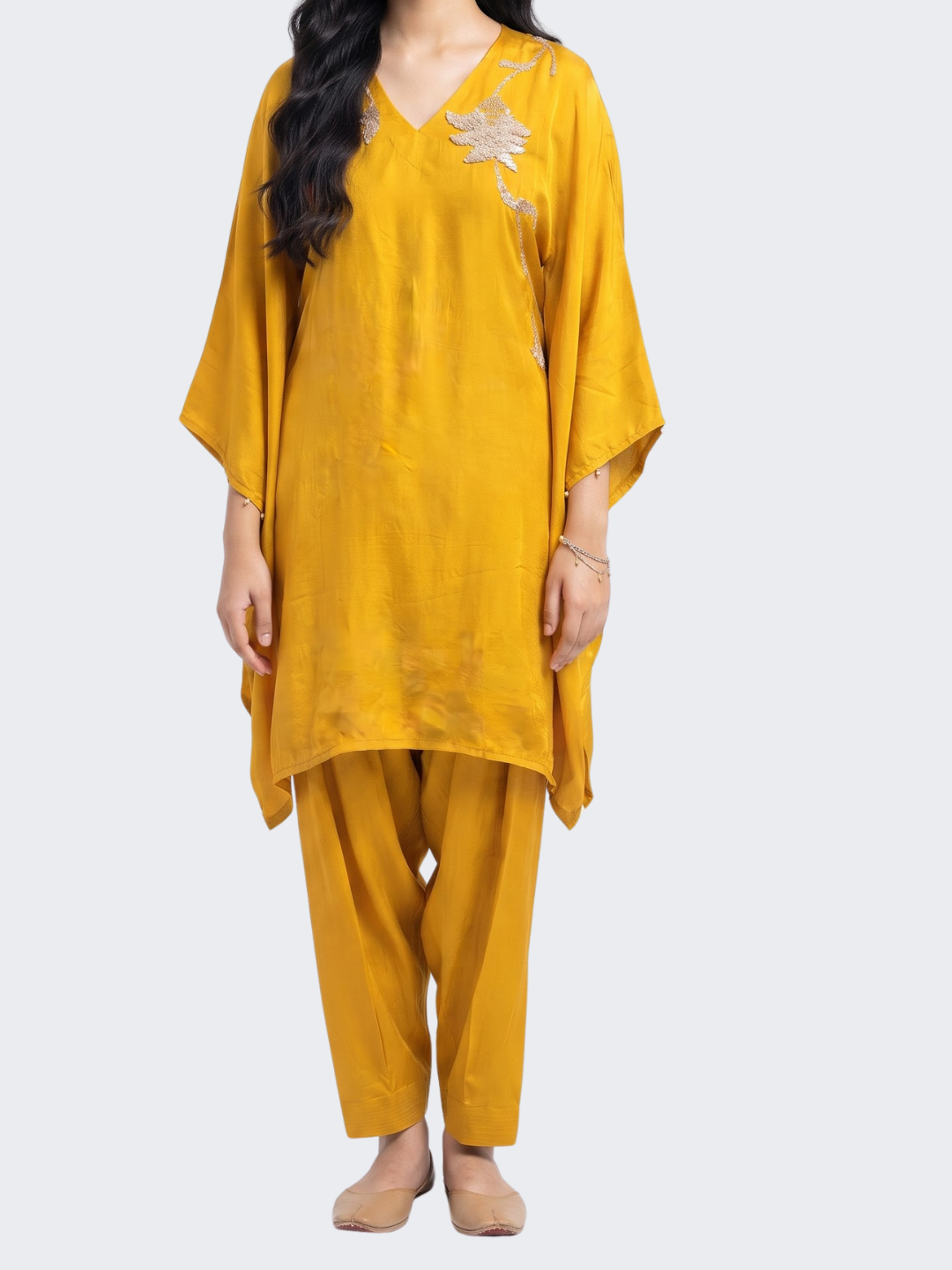 Yellow Crepe Indo Western with Cutdana, Sequins and Pearl Embroidery 2
