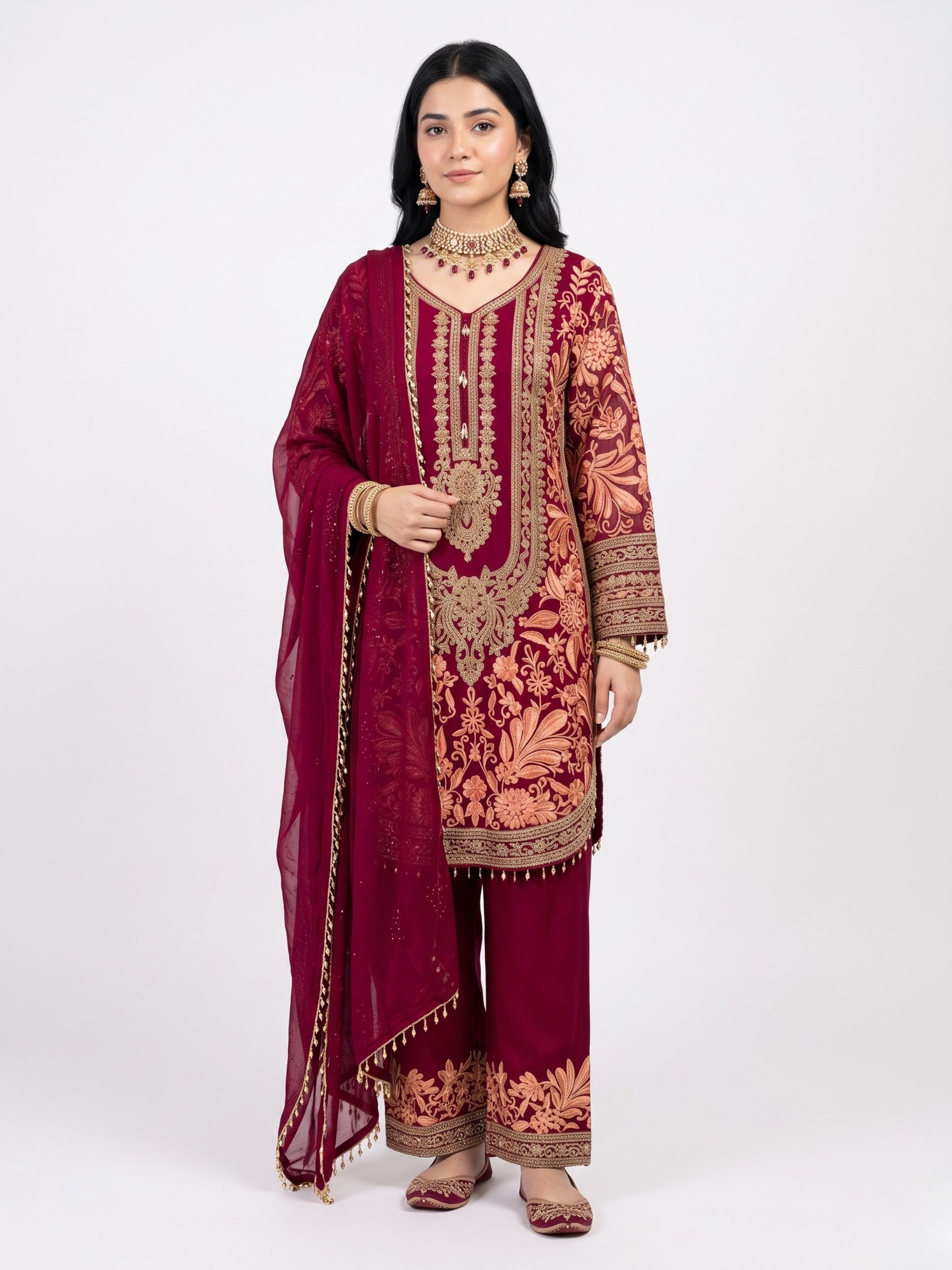 Peach Georgette Indo Western with Cutdana and Thread Embroidery 2