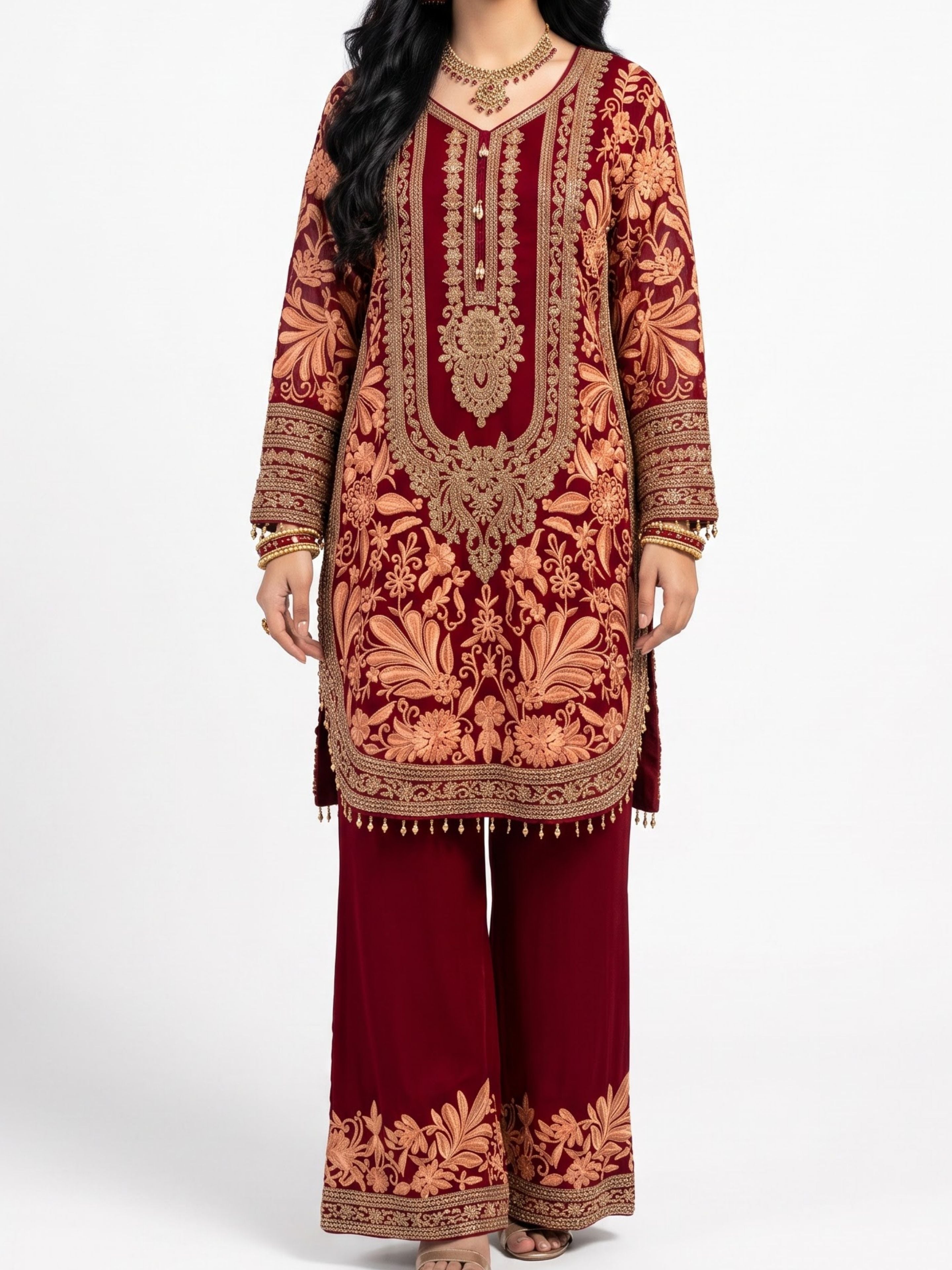 Peach Georgette Indo Western with Cutdana and Thread Embroidery 4