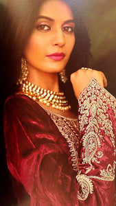 Maroon Velvet Unstitched Suit with Golden Zari Embroidery