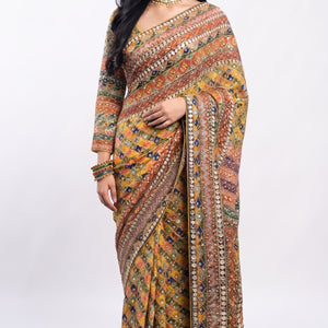 Yellow Chinon Saree Embellished With Stone & Mirror Work