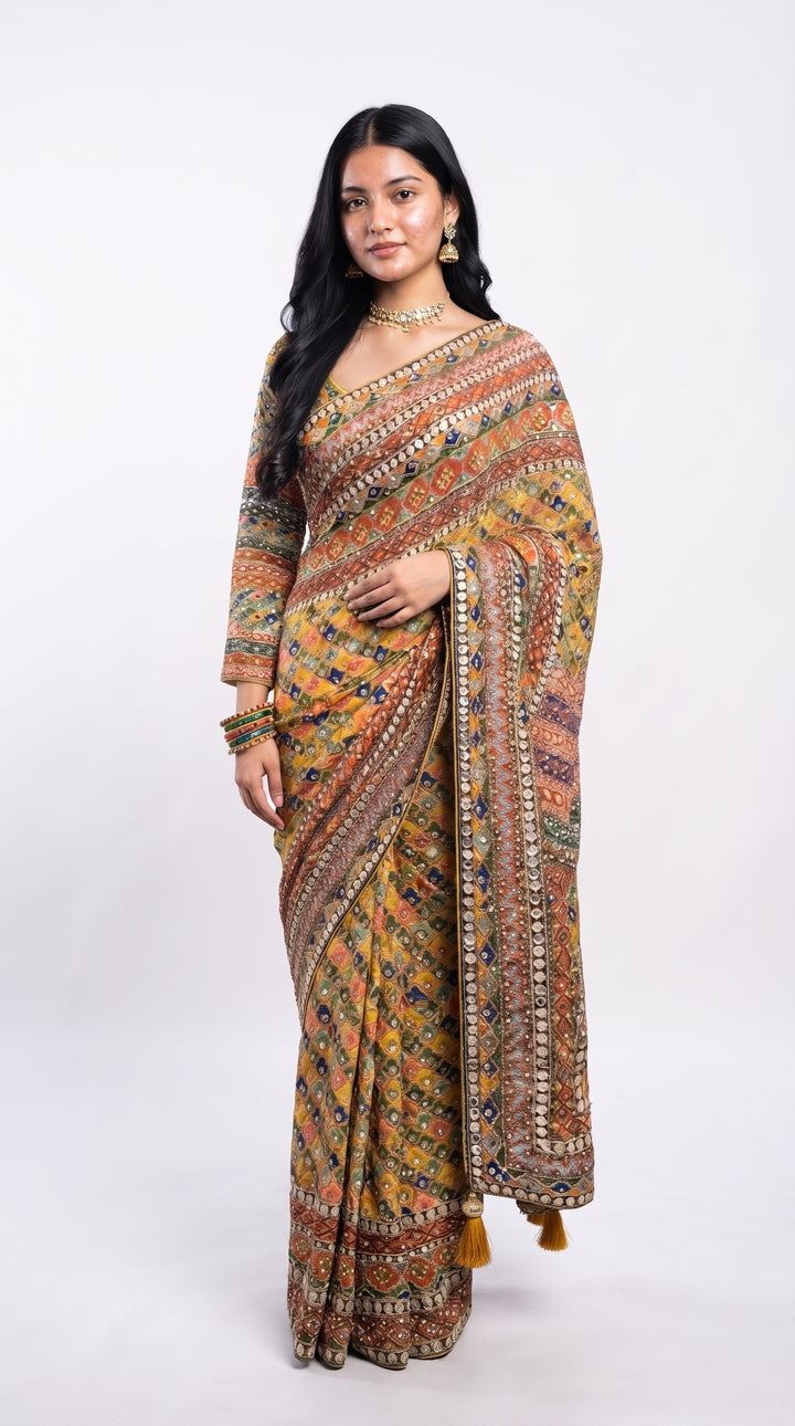 Yellow Chinon Saree Embellished With Stone & Mirror Work