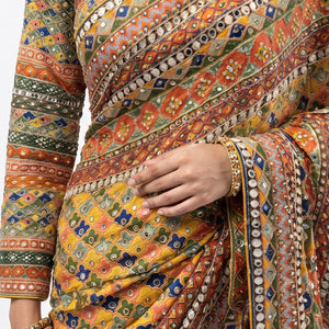 Yellow Chinon Saree Embellished With Stone & Mirror Work