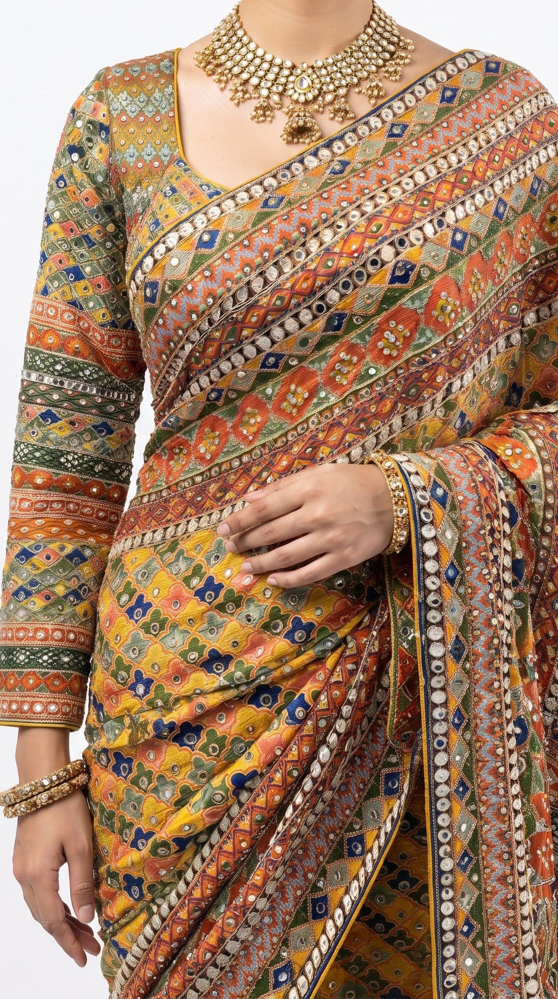 Yellow Chinon Saree Embellished With Stone & Mirror Work