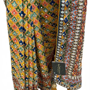 Yellow Chinon Saree Embellished With Stone & Mirror Work