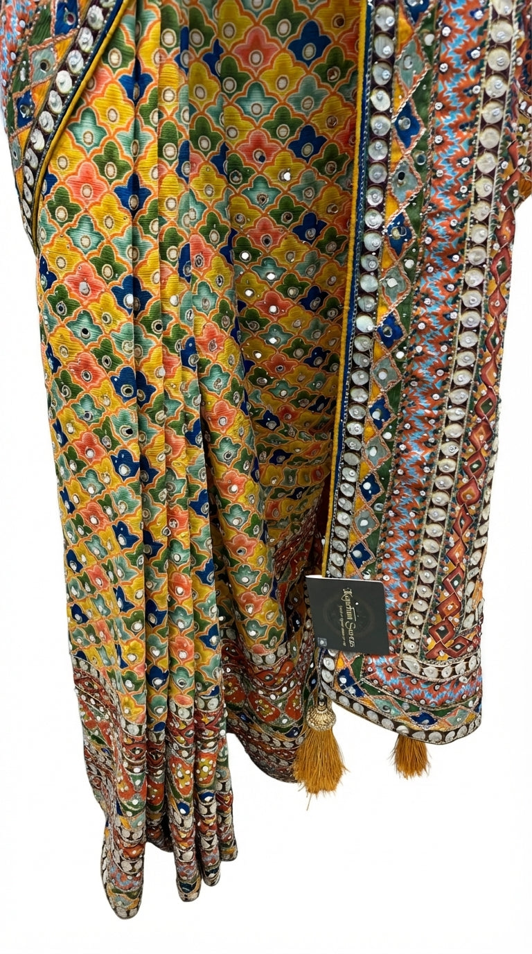 Yellow Chinon Saree Embellished With Stone & Mirror Work