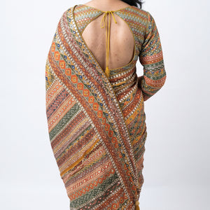 Yellow Chinon Saree Embellished With Stone & Mirror Work