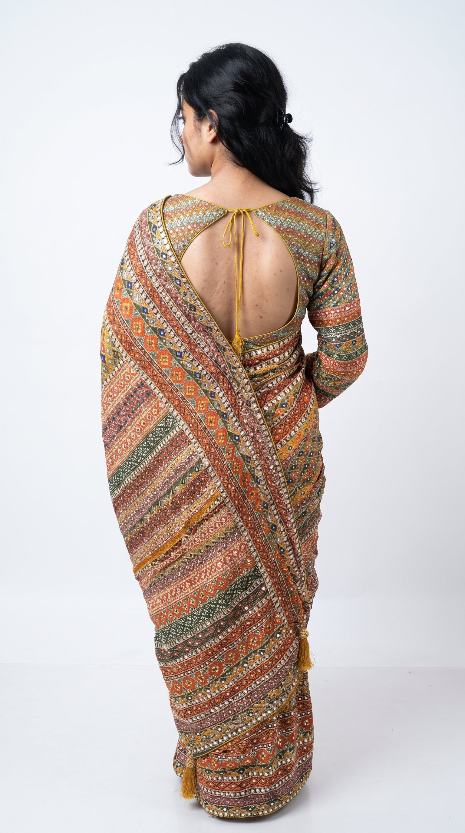 Yellow Chinon Saree Embellished With Stone & Mirror Work