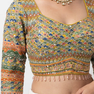 Yellow Chinon Saree Embellished With Stone & Mirror Work