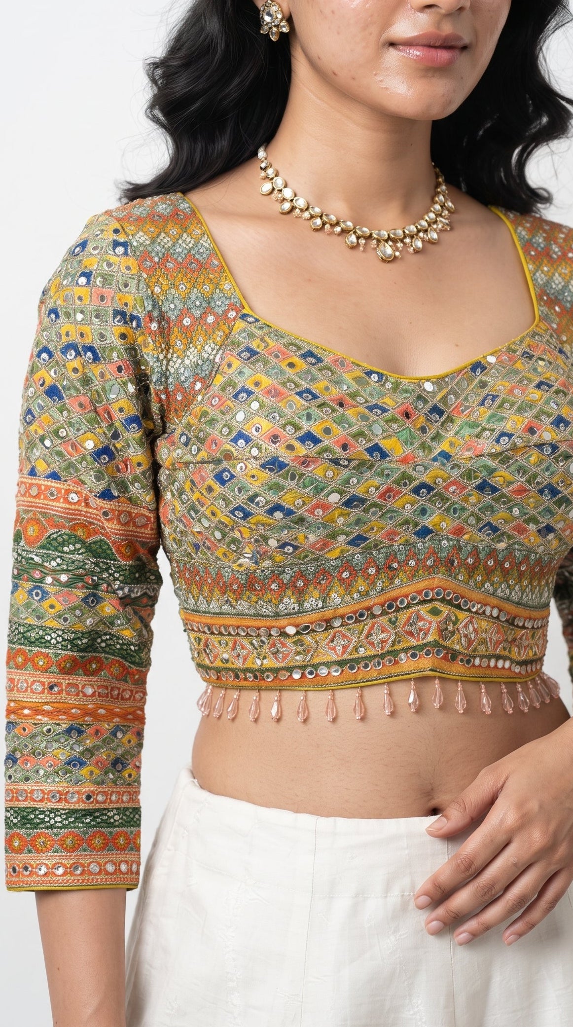 Yellow Chinon Saree Embellished With Stone & Mirror Work