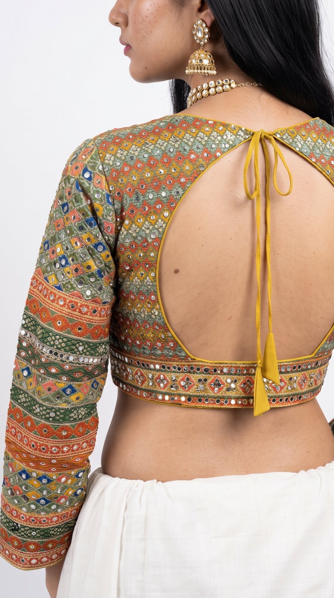 Yellow Chinon Saree Embellished With Stone & Mirror Work