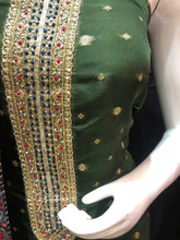 Load image into Gallery viewer, Green Organza Unstitched Banarsi Suit With Hand Embroidery
