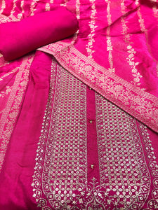 Rani Silk Unstitched Suit With Golden Embroidery