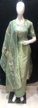 Load image into Gallery viewer, Green Tissue Semi-Stitch Suit With Mirror Work
