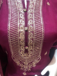 Wine Silk Semi-Stitch Suit With Golden Embroidery