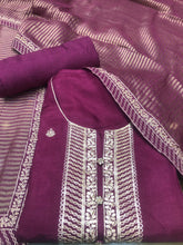 Load image into Gallery viewer, Wine Silk Semi-Stitch Suit With Golden Embroidery
