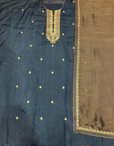 Blue Silk Semi-Stitch Suit With Golden Embroidery