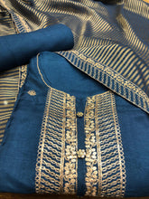 Load image into Gallery viewer, Blue Silk Semi-Stitch Suit With Golden Embroidery
