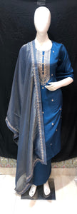 Blue Silk Semi-Stitch Suit With Golden Embroidery