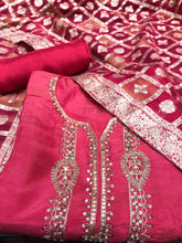 Load image into Gallery viewer, Pink Shimmer Silk Semi-Stich Suit With Hand Embroidery
