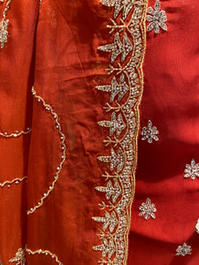 Red Georgette Unstitched Suit with Hand Embroidery