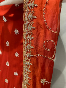 Red Georgette Unstitched Suit with Hand Embroidery