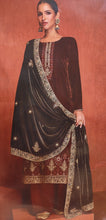 Load image into Gallery viewer, Velvet Dark Maroon Unstitched Suit with thread embroidery
