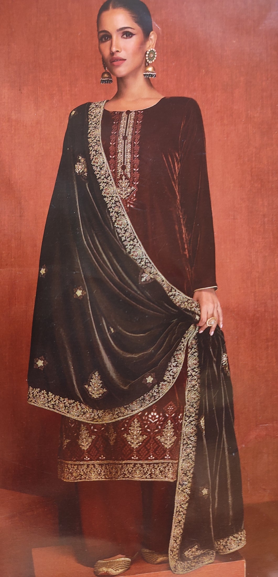 Velvet Dark Maroon Unstitched Suit with thread embroidery