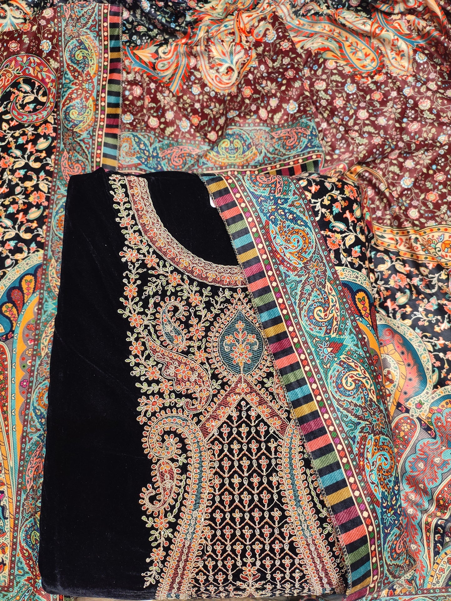 Velvet Brown Unstitched Suit With Multi Embroidery