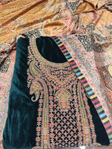 Velvet Green Unstitched Suit With Multi Embroidery