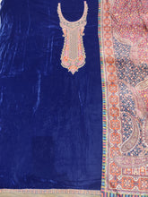 Load image into Gallery viewer, Velvet Blue Unstitched suit with golden embroidery

