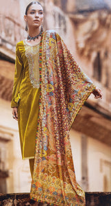 Velvet Mustard Unstitched Suit With Multi Embroidery