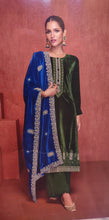 Load image into Gallery viewer, Velvet Dark Green Unstitched Suit With Thread Embroidery
