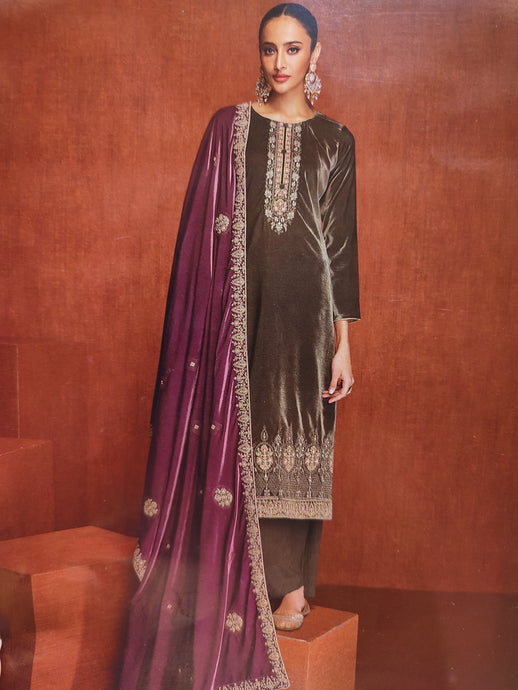 Velvet Olive Green Unstitched Suit With Thread Embroidery