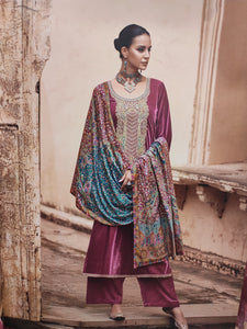 Velvet Onion Unstitched Suit With Multi Embroidery