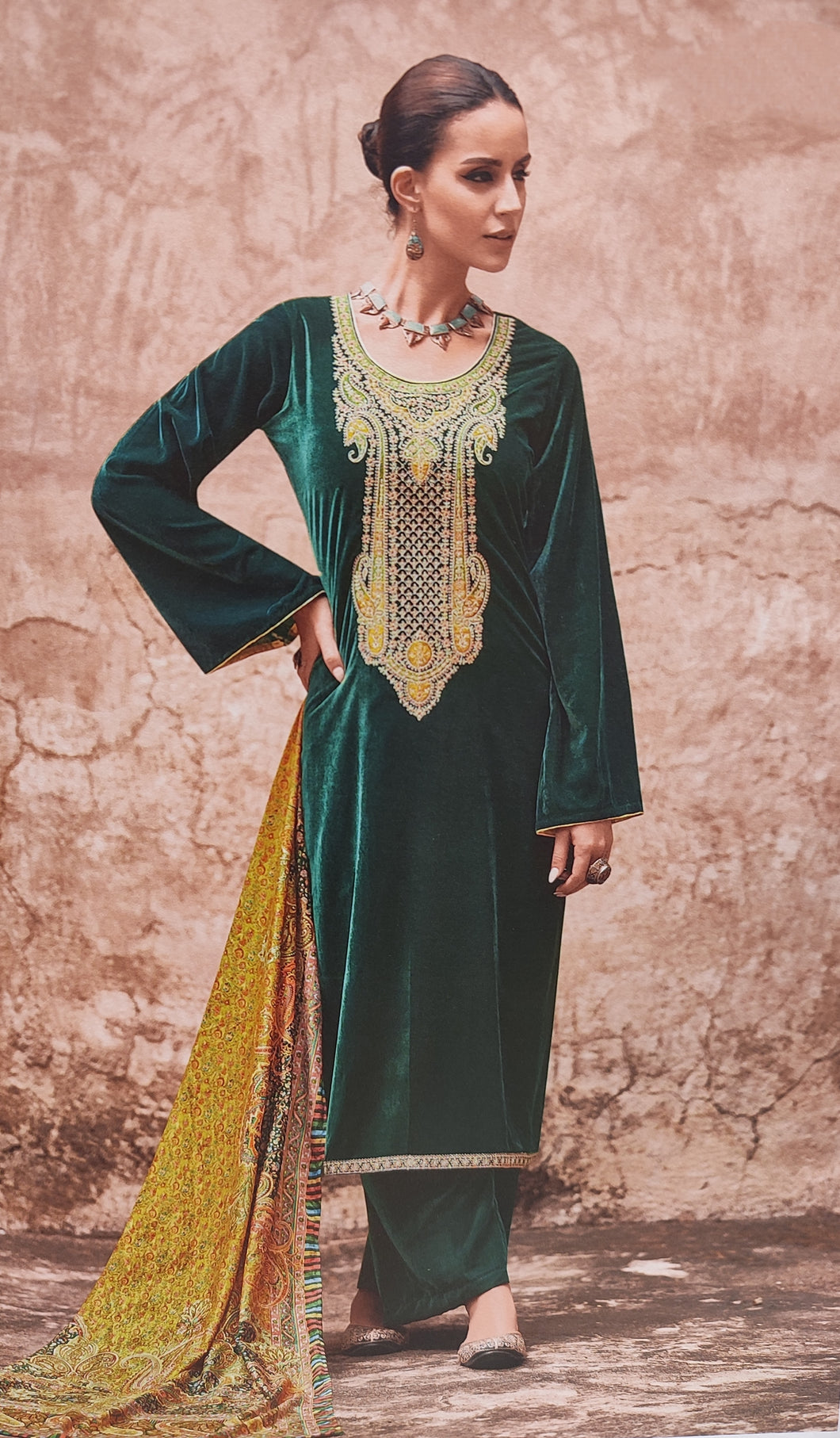 Velvet Green Unstitched Suit With Multi Embroidery